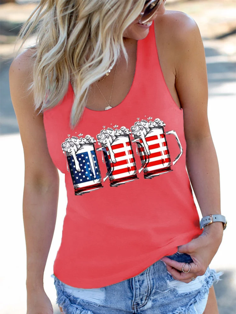 

Women Summer American Flag Print Drink Racerback Tank Top Sleeveless Loose Fit Casual Shirts Funny Graphic Tees Tops 2023