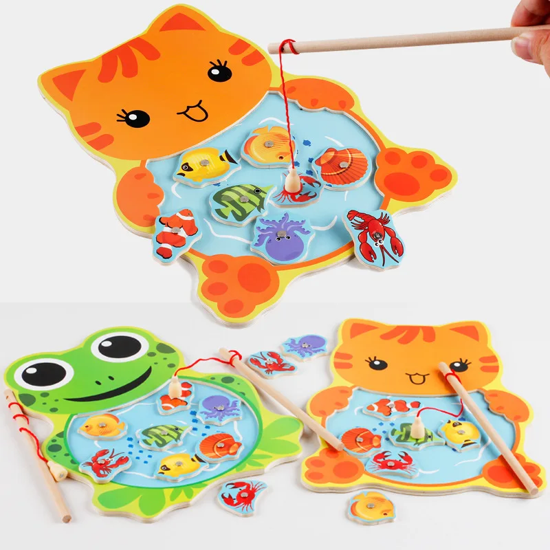 

Wooden Magnetic Montessori Fish Toy Cartoon Cognition Fish Game for Children Early Educational Parent-child Cat Fishing Toy
