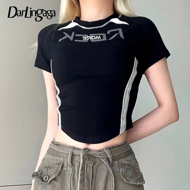 

Darlingaga Reflective Stripe Stitching Gothic Skinny Summer Tee Women Streetwear Summer T-shirts Moto&Biker Style Crop Top 2023