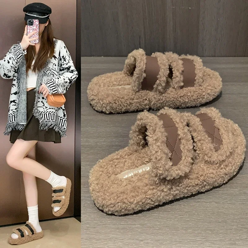 Осенне-зимние новые плюшевые женские тапочки модные домашние теплые туфли на