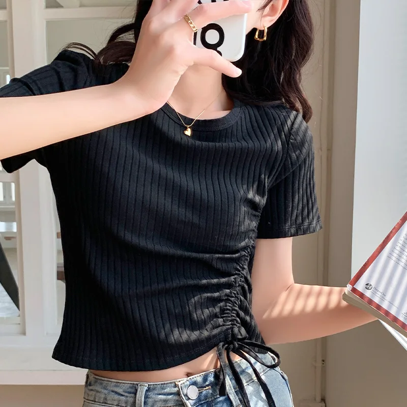 

Женская трикотажная эластичная футболка, летний топ в стиле High Street, облегающие футболки с коротким рукавом, модная женская повседневная оде...