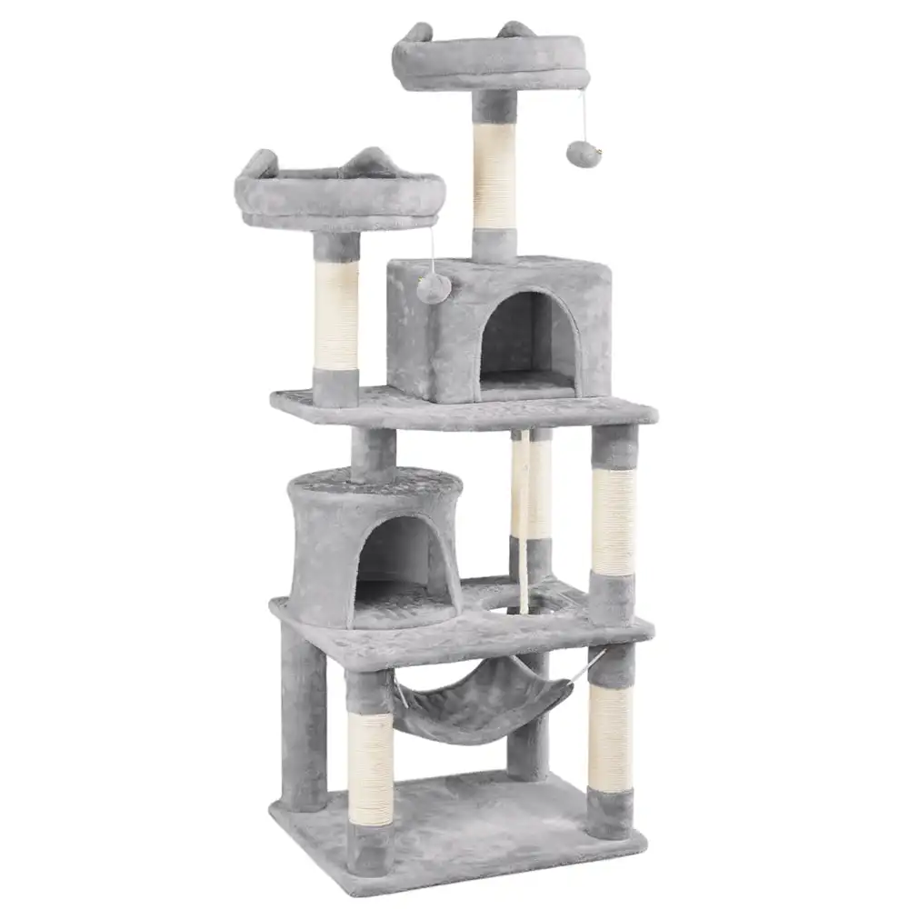 

62.2" Double Condo Cat Tree and Scratching Post Tower, Light Gray