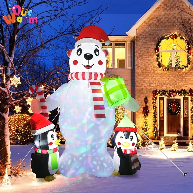 OurWarm-nueva decoración navideña para exteriores, oso Polar inflable de 6 pies con 2 pingüinos, luz LED giratoria para decoración de jardín y patio de Navidad