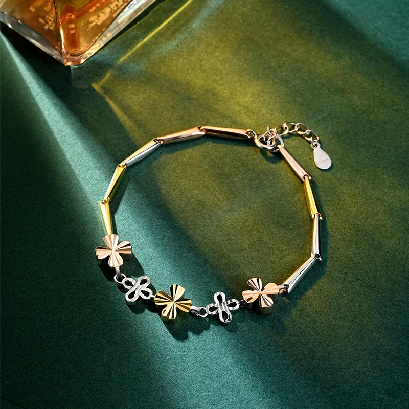 

S925 Colored Gold-Plated Sterling Silver Clover Bracelet Female Temperament Fashion Net Red Color Silver Bracelet 2022 New Silve