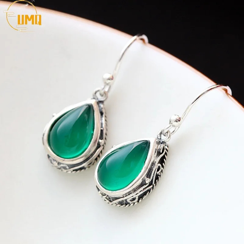

925 Sterling Silver Green Agate Drop Earrings Bohemia Pattern Carving Hollow High Quality Female Jewelry Natural Stones Gift