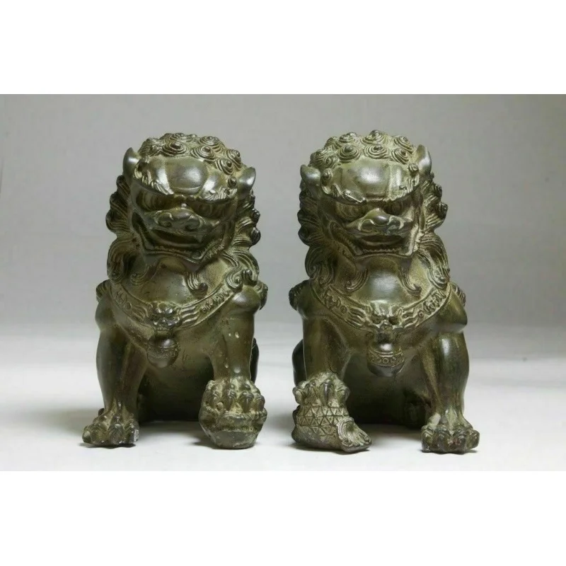 

6" Antique Fengshui Bronze Guardian Fu Foo Dogs Lion Door Leo Statue Lions Pair