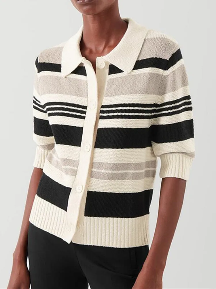 

Women Turn-Down Collar Striped Slim Sweater Ladies Short Sleeve Single-Breasted Knitwear Female All-Match Knitted Cardigan Top