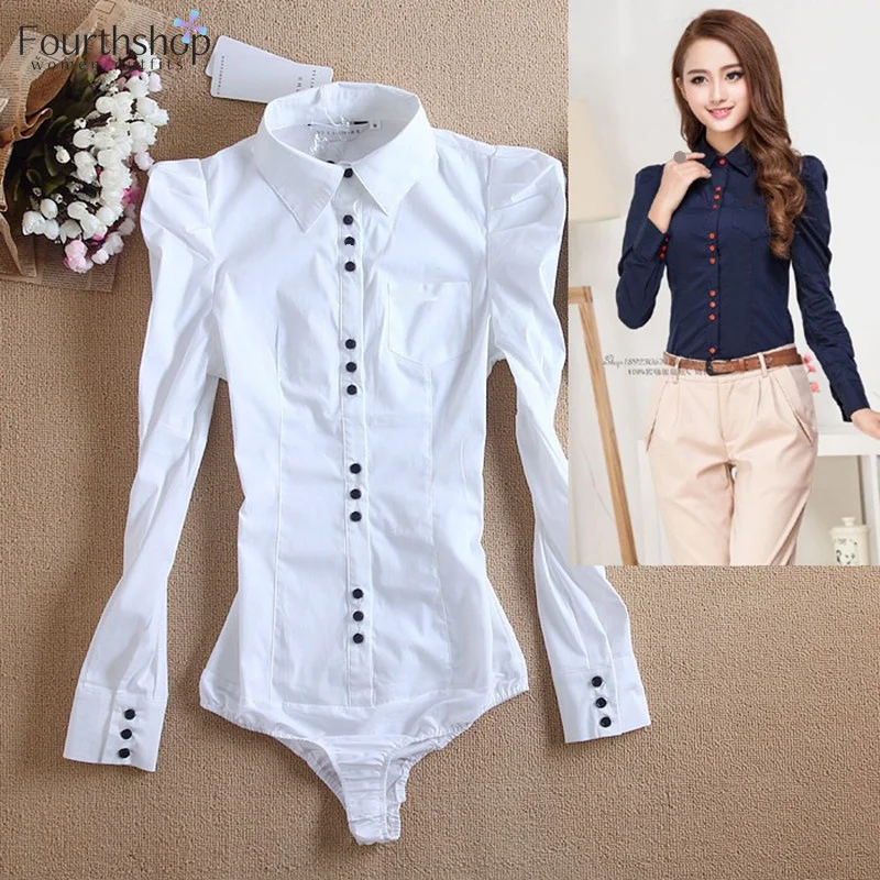 

Women Body Shirts and Blouses Long Sleeved Fashion Bodysuits White Color Autumn Winter Tops Office Lady Work Formal Shirt Female