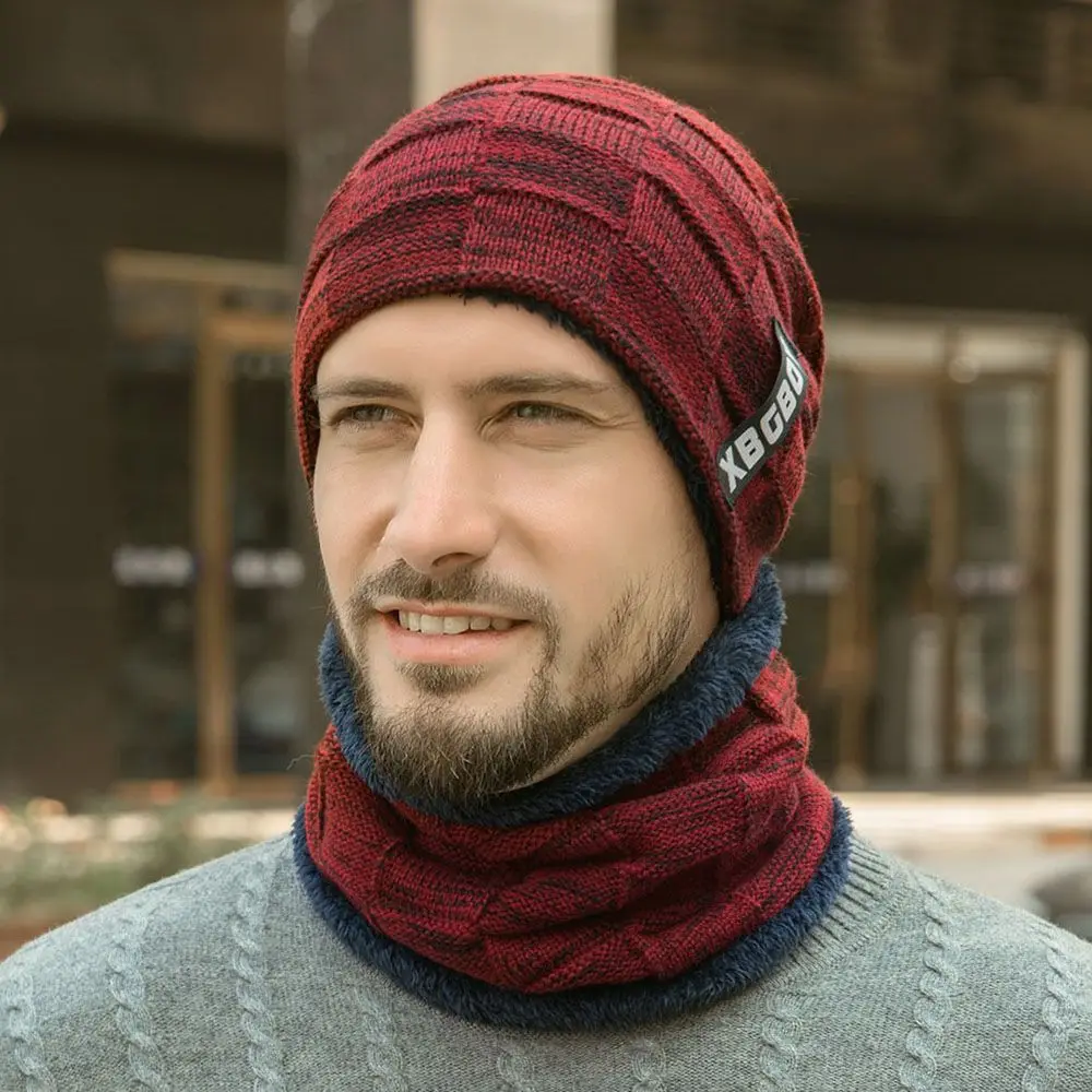 

Winter Solid Color With Thick Fleece Thicking Neck Warm Skull Cap Plush Hats Hat Bib Sets Hat Collar Sets Bib Cap