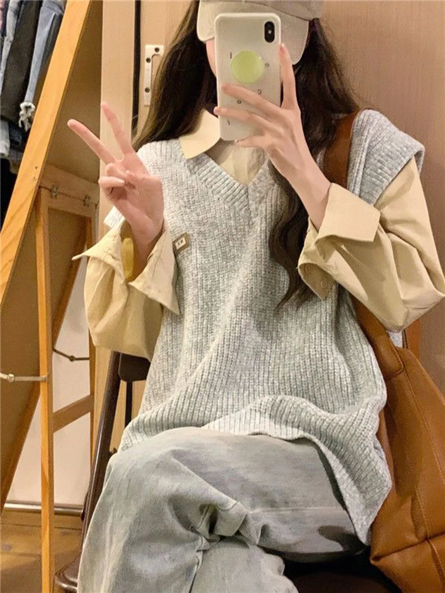 Plus size Two-piece Suit Early Autumn V-neck Gray Overlapping Knit sweater Vest Female Student + Apricot Shirts
