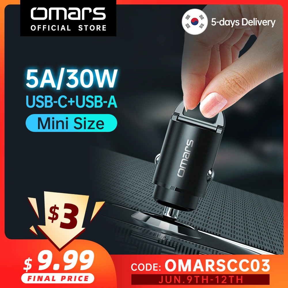 

Автомобильное зарядное устройство Omars PD 30 Вт, устройство для быстрой зарядки QC3.0, SCP, 5A, Type-C, 30 Вт