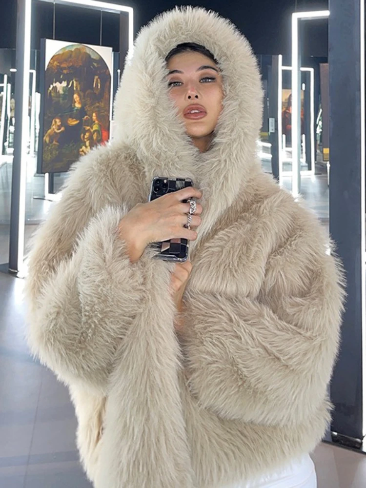 Fashion Faux Fur Solid Color Loose Hooded Mid-Length Fur Coats Women 2022 Winter Warm Thick Ladies Outwear Casual Fuzzy Coat