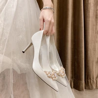 plus size 33 43 white women wedding shoes 2022 pearl bride ladies high heels pumps 7cm9cm bridesmaid womans dress heeled shoes
