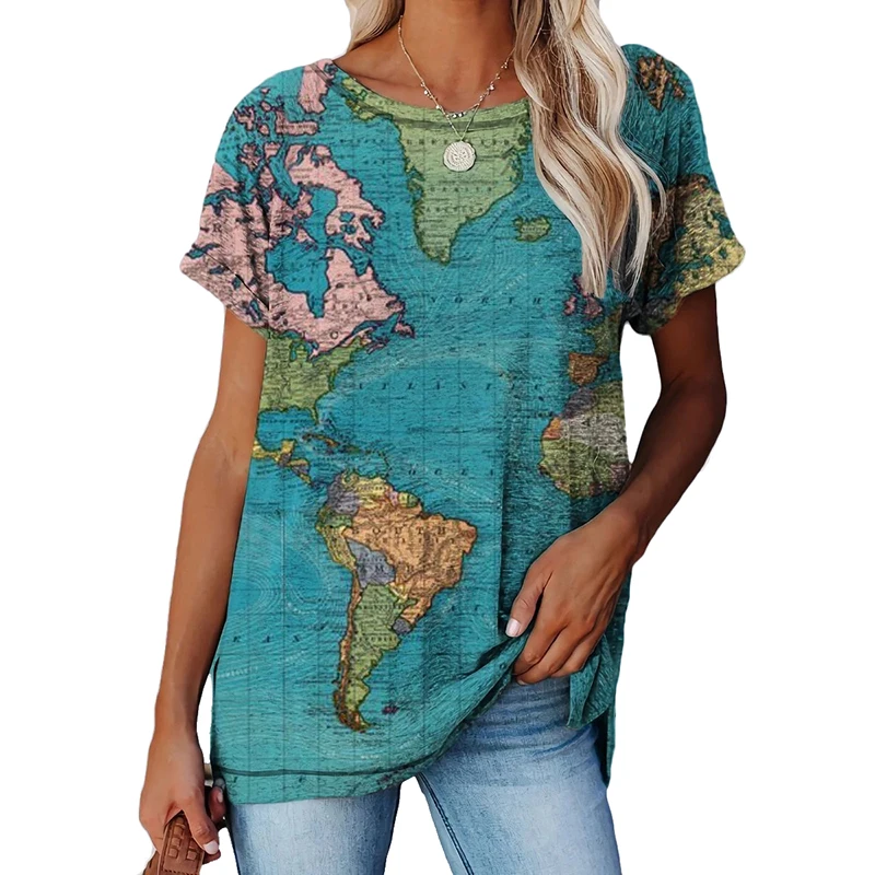 

Women Fashion Casual T-Shirt Round Neck Map Print Loose Tee Tops HMY110