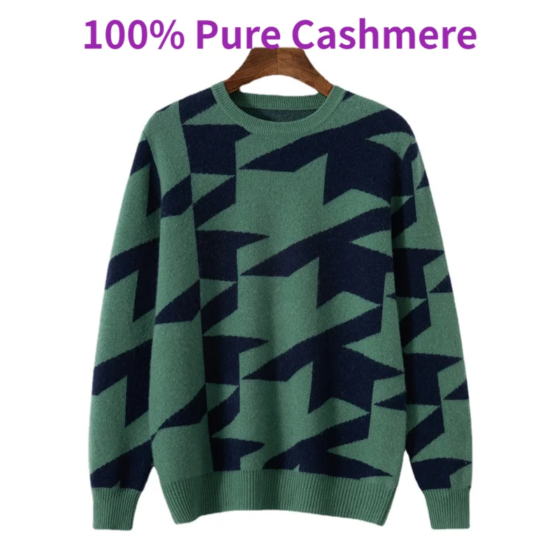 

New Arrival Winter Double Line Thickened Sweater Men's 100% Pure Cashmere Color Matching Round Neck Fashion Size S M L XL2XL3XL