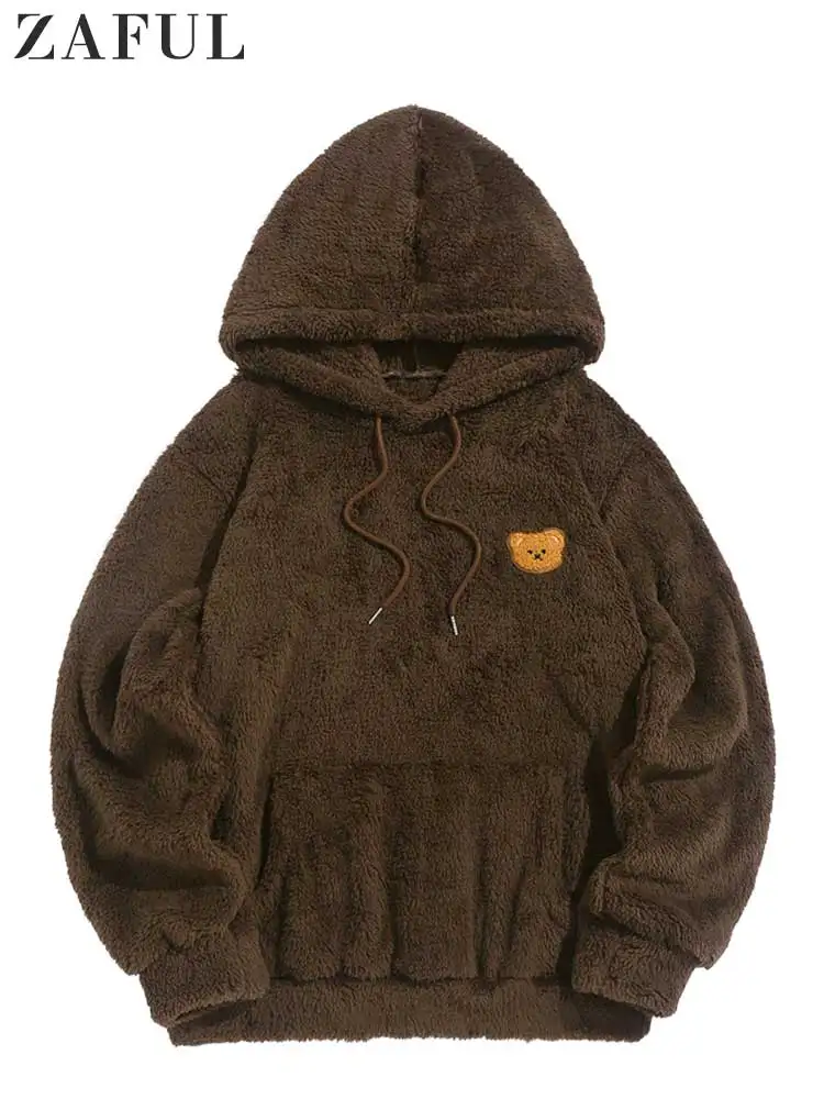 ZAFUL Hooded Hoodie for Men Drawstring Bear Pattern Fluffy Sweatshirts Unisex Streetwear Pullover Fall Winter Hoodies Sweats
