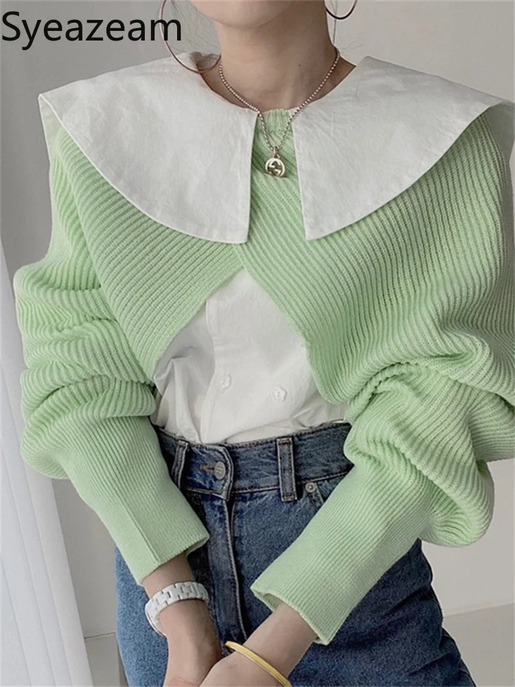 

Шикарная универсальная Милая женская рубашка с большим отворотом, свободная рубашка с длинным рукавом, спереди сзади, вязаный свитер-блузк...