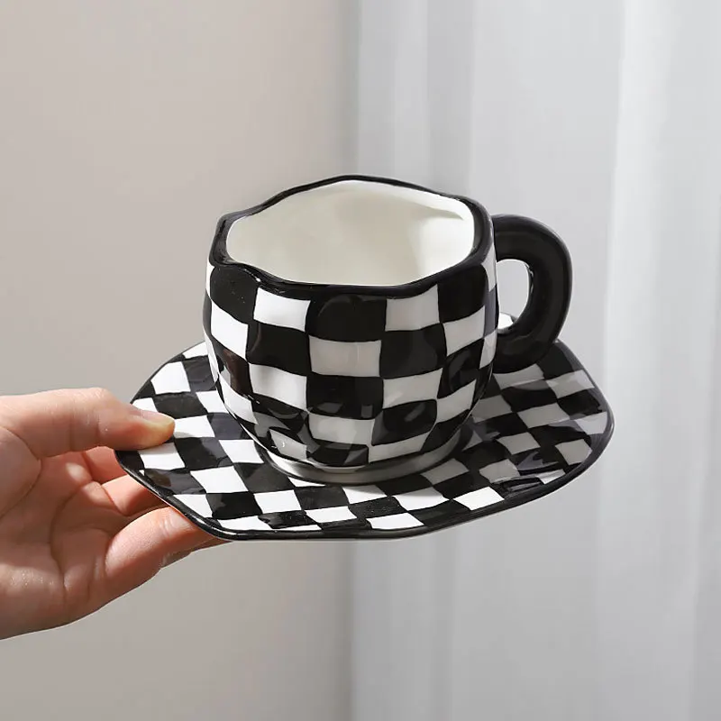 

Hand Painted Checkerboard Coffee Cup and Saucer Underglaze Ceramic Personalized Tea Cup Set Microwave Dishwasher Safe Cute Gifts