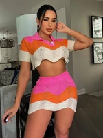 crochet two piece set women 2022 summer polo turn down collar crop top mini skirt set knitted stitching party club streetwear