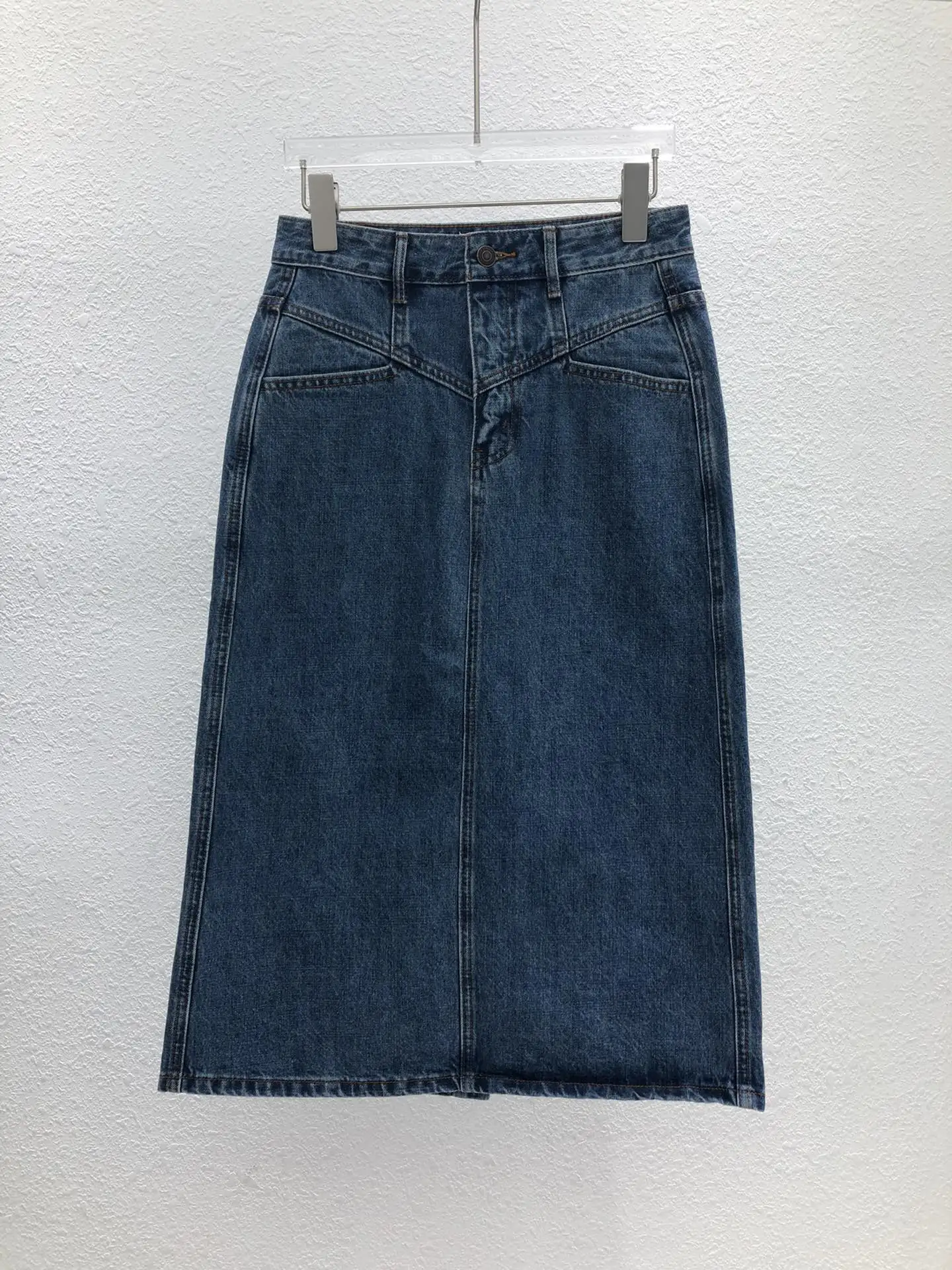 

2022 spring and summer new women's high waist splicing pure cotton medium length split denim skirt