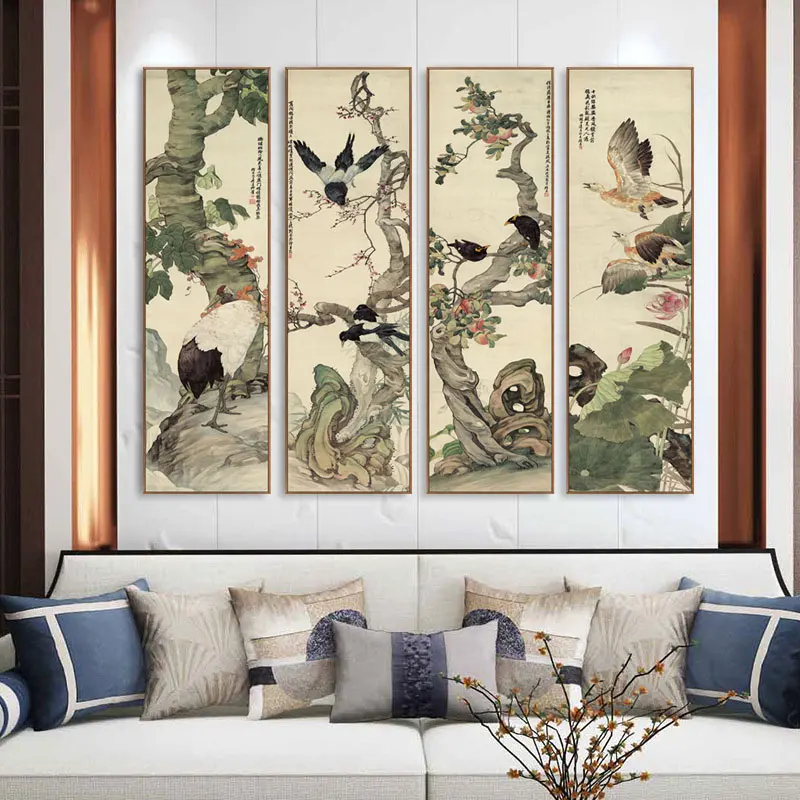 Китайская картина с птицами и цветами на холсте Famili