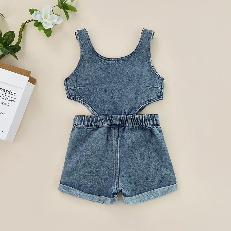 

2023 6 M-4 T Baby Girls Playsuit, Solid Color Square Neck Sleeveless Hollow Out Romper Streetwear Summer