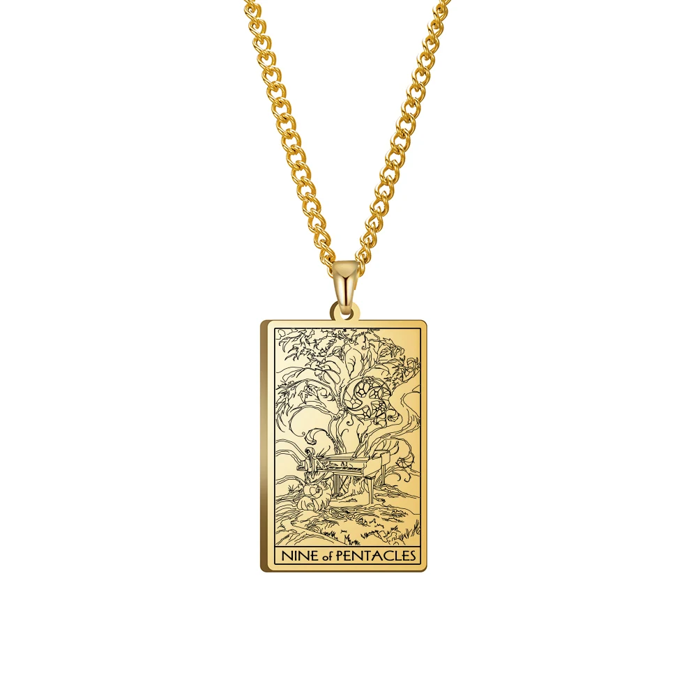 

Xincong Stainless Steel Jewelry 3 Colors Black Color Gold Color Steel Color 24x40mm Tarot Nine Of Pentacles Pendant Necklace