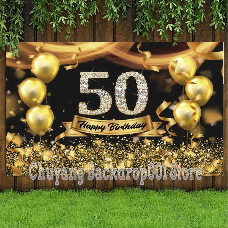 Gold 50th Photo Backdrop Lady Happy Birthday Party Decoration Balloon Photography Backgrounds Banner