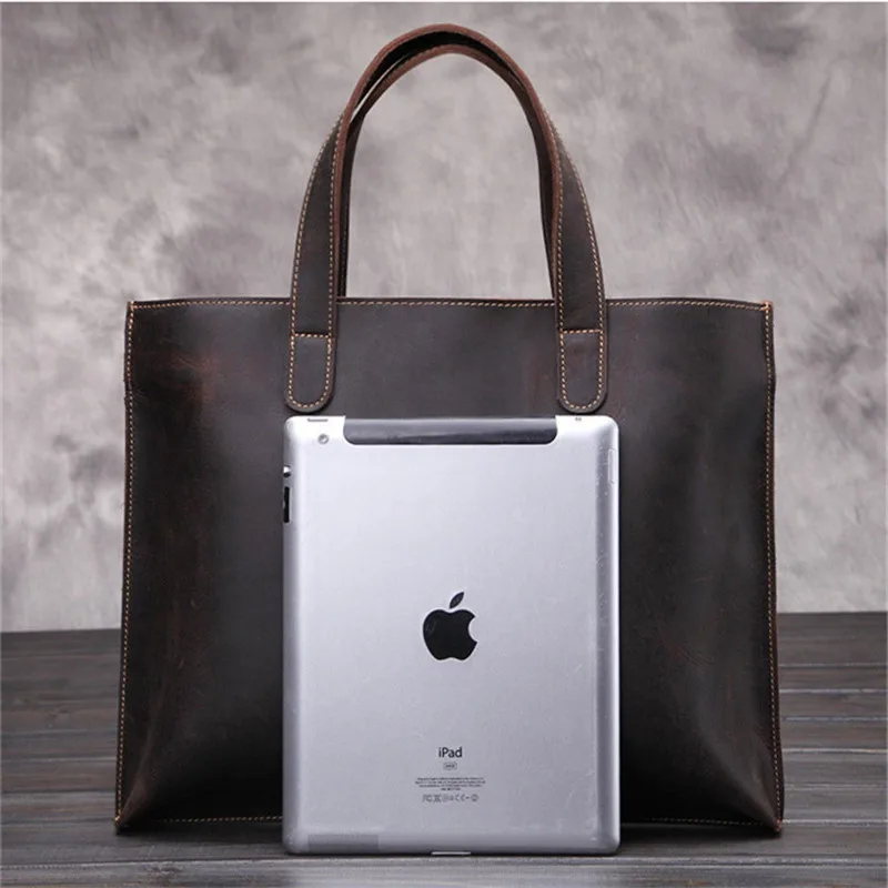 Vintage business crazy horse cowhide men's briefcase tote large capacity high quality genuine leather laptop bag work handbag