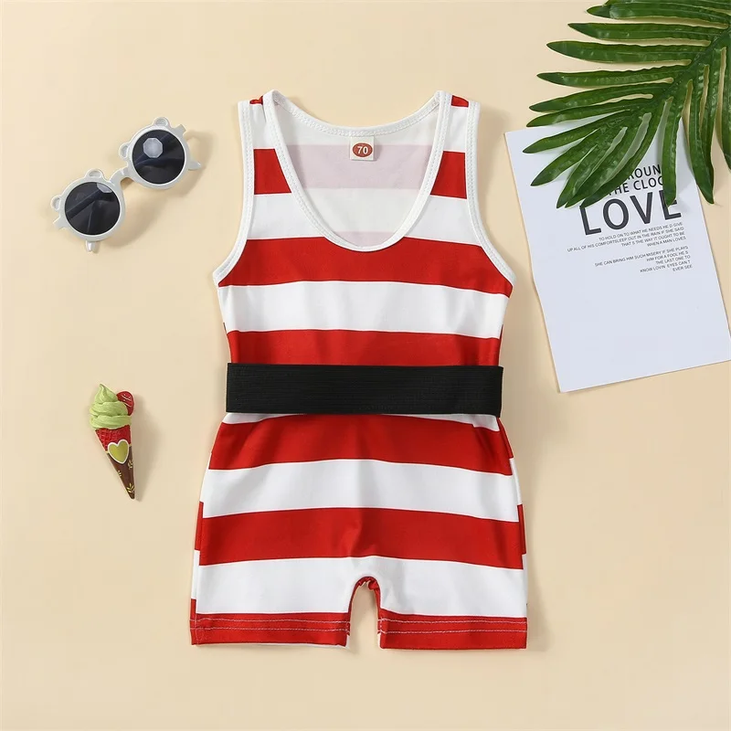 

Baby Sleeveless Romper Striped Print Summer Shorts Jumpsuit with Belt for Newborn Infant Girls Cute Clothes