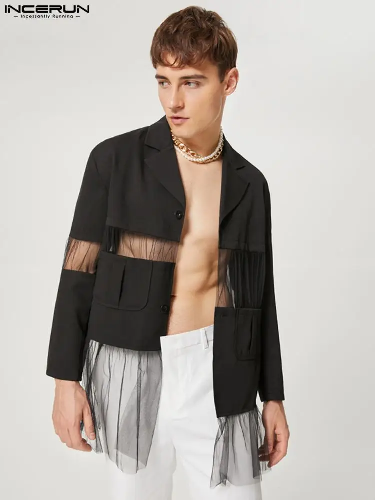 

INCERUN Fashion Men Blazer Mesh Patchwork Transparent 2022 Lapel Long Sleeve Irregular Jackets Streetwear Sexy Party Men Suits