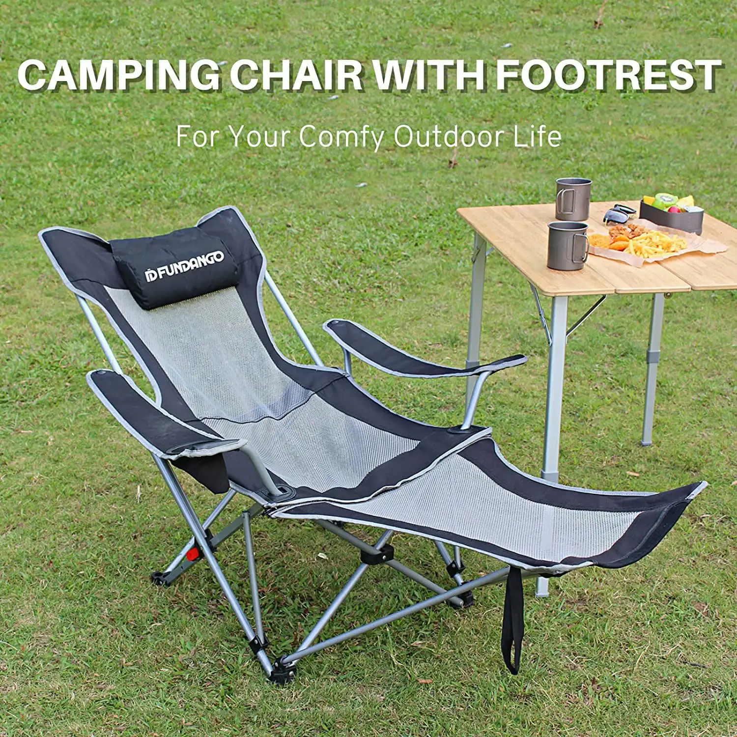 

FUNDANGO Reclining Camping Chair 3-Position Adjustable Folding Lounge Chairs with Footrest for Adult Support 300lbs Black