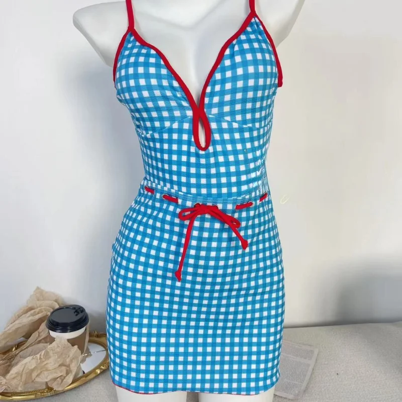 Корейская мода ретро клетчатый цельный купальник для женщин с юбкой тип высокой