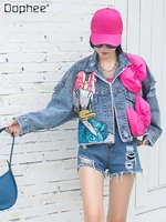 three dimensional decoration bow short denim jacket for women 2022 loose casual cartoon sequins personalized jeans coat female