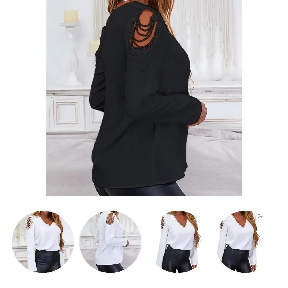 

V Neck Chic Colorfast Women Top Loose Women Shirt Hollow Out for School