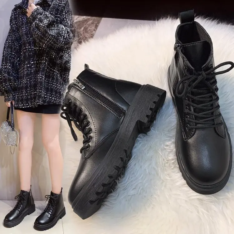 Plus Size 35-43 Women Leather Boots Side Zip Boots Modern Female Fleece Lining Motorcycle Shoes Winter Snow Footwear