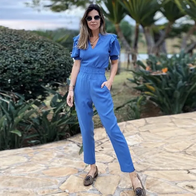 

Women's 2023 suit V-neck bubble sleeve short sleeve shirt high waist slim pants two-piece set