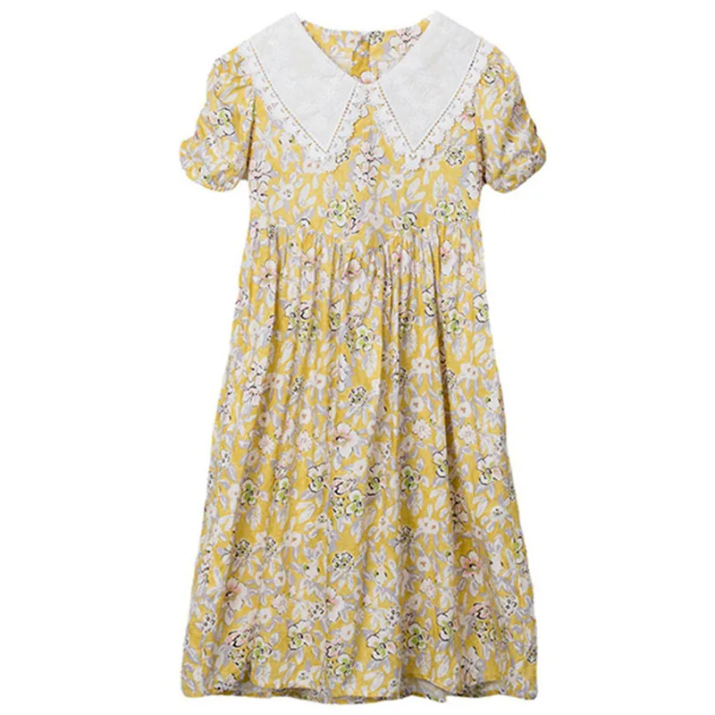 

4 to 14 years kids teen girls summer floral print cotton casual flare midi dress child girl lace collar fashion dresses TB1153