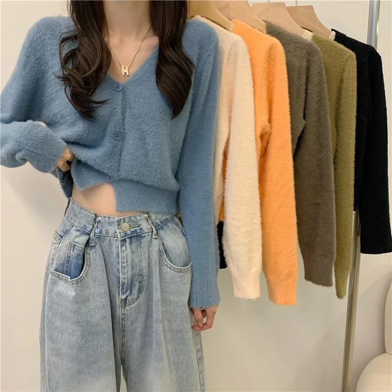 

Knitted Cardigan Women Basic V-Neck Elegant Long Sleeve Casual Soft Single Button Vintage Simple Oversize Sweater Tops New 2022