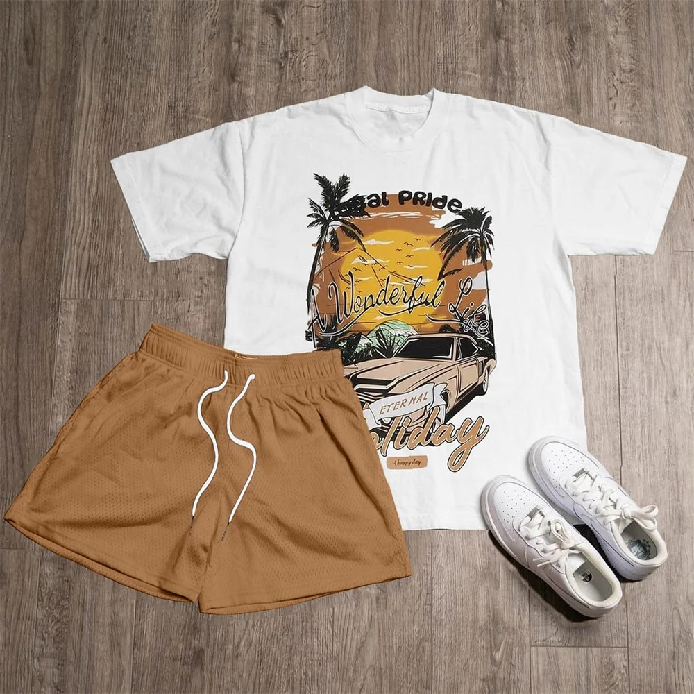 Men's Clothing Printed Pattern Set Summer Beach T-shirt Shorts Two-piece Street Daily Wear Unisex Casual Loose Fitting Set New