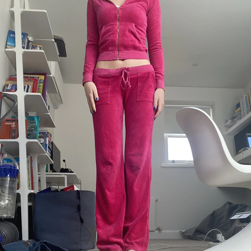 WeiYao Pink Solid Sweet Cute Velvet NEW Flare Pants Design Pockets Drawstring Low Waist Slim Sexy Womens Joggers Sweatpants