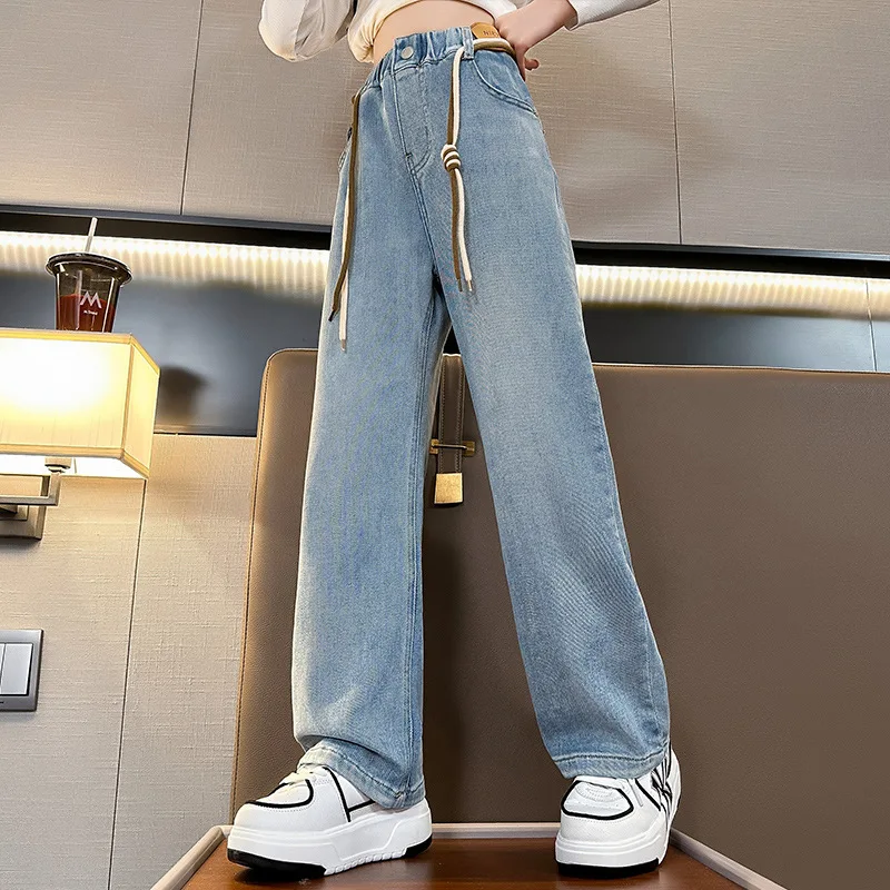 

Spring 2023 Wide Leg Jeans for Girls Elastic Waist Drawstring Loose Teen School Kids Blue Jeans 10 12 13 Years Children Trousers
