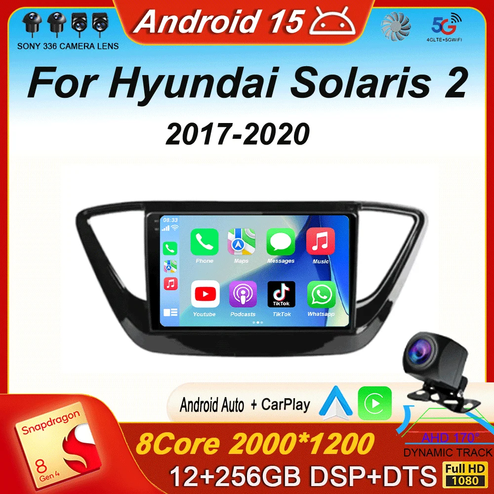 Фото Беспроводное автомобильное радио Carplay Android Android 15 для Hyundai Solaris 2 2017-2020, GPS-навигация, DSP, мультимедийный видеоплеер, 4G №1
