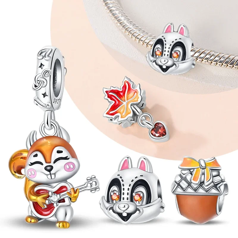 Осенние бусины из стерлингового серебра 925 пробы с кленовым листом и белкой