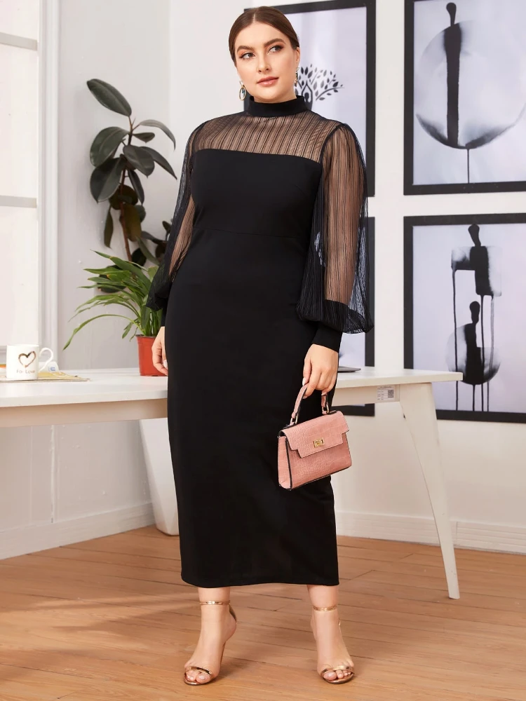 

Black Plus Size Dress for Women 4XL Tulle Patchwork Long Lantern Sleeve Empire Ankle-Length Causal Office Work Wear Party Gowns