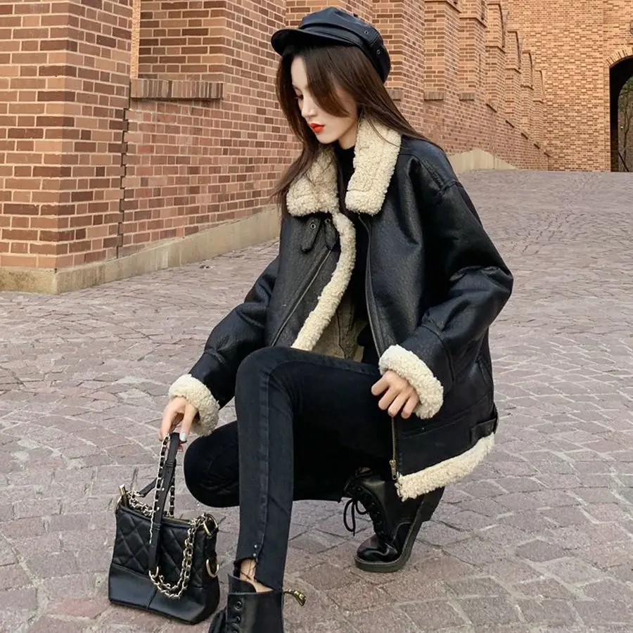 Winter Imitation Lamb Wool Jacket Women 2021 New Autumn and Winter Imitation Stitching Cashmere Leather Motorcycle Jacket  J0258
