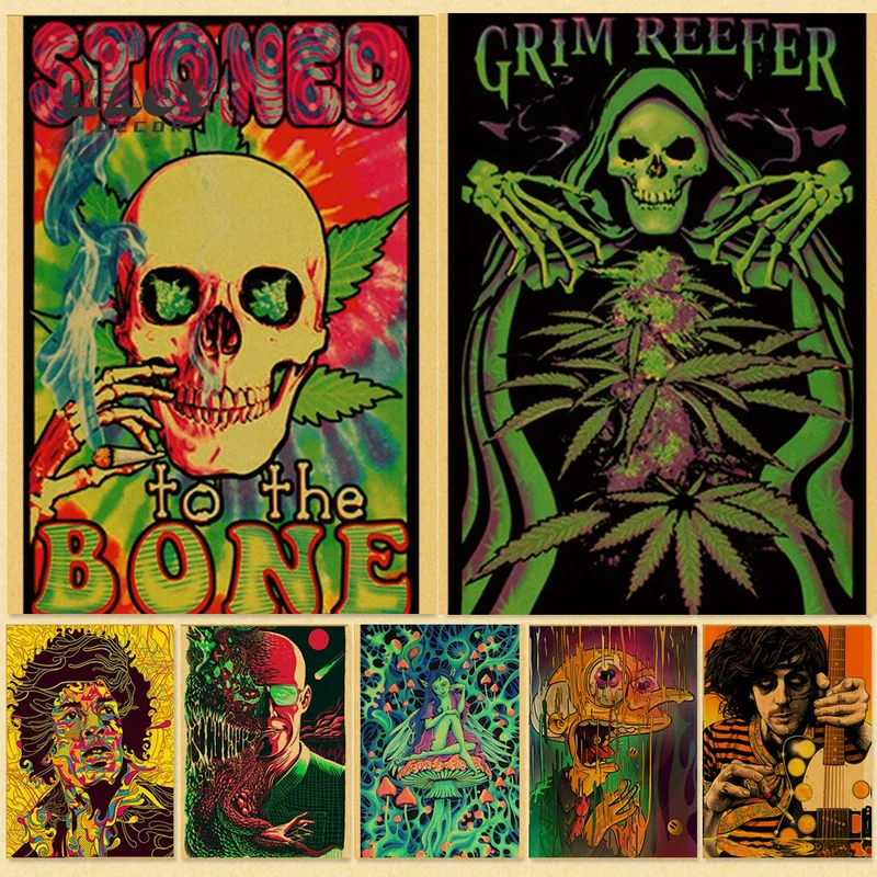 

Trippy Skeleton Abstract Frame Poster Psychedelic Mushroom Print Wall Art Kraft Posters Home Decoration for Living Room Bedroom