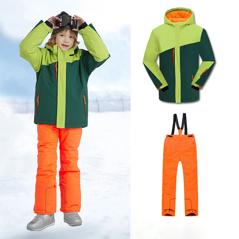 2022 crianças terno de esqui com capuz quente ternos de esqui das crianças à prova de vento meninos roupas de neve jaquetas macacão do bebê menino snowboarding conjuntos