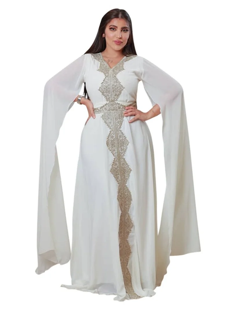 

Abayas For Women Pearl Chiffon Embroidery V-Neck Floating Sleeve Ladies Dresses Belted Kaftan Floor-Length Banquet Party Dress