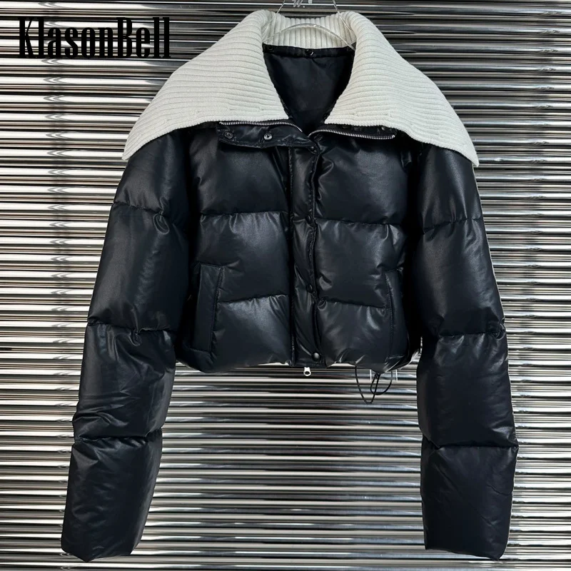 

Новинка Осень-зима 10,25 KlasonBell 2023 вязаный комбинированный толстый теплый пуховик из искусственной кожи на молнии с отворотом Женское пальто